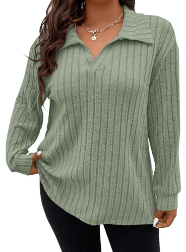 Gemulate Plus Size Long Sleeve Tops for Women Ladies Lightweight Striped Oversized Clothes Sweater Polo v Neck Tshirts Sweatshirts Light Green XXL