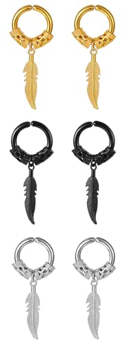 Flongo Fake Ohrringe ohne loch: Damen Huggie Hoop Feder ohrclips schwarz gold silber Creolen ohne ohrloch Feather Ohrklemme Ohr Clips Earrings Gothic Edelstahl wikinger Schmuck Geschenk Frauen Herren