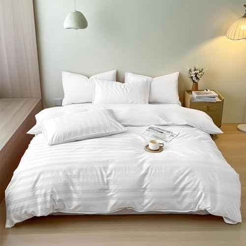 KEAYOO Satin Bettwäsche mit Streifen - aus Baumwolle Weich, atmungsaktiv und mit Reißverschluss (Weiß, 135x200cm+80x80cm)