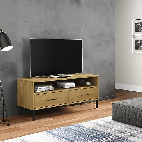 Homgoday TV-bänk med metallben Oslo massivt trä brun furu, TV-skåp vardagsrum matsal soffbord TV musikutrustning garderob TV-möbler TV-möbler typ 2