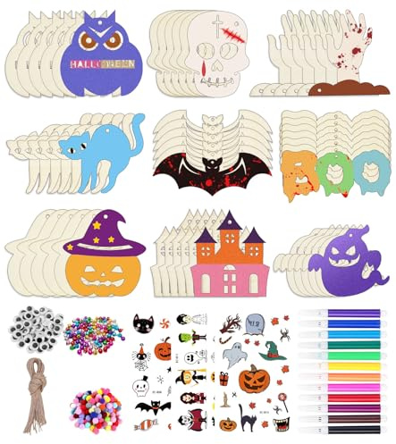 54 Pièces Halloween Kits Bricolage, Pendentif Artisanat en Bois à Peindre, Loisirs Créatifs Activites Manuelle Filles Garçon Enfants, Fantôme Citrouille Hibou Décoration Suspendue Ornements pour Fête