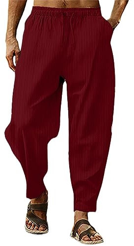 Herr bomull linnebyxor - Baggy haremsbyxor yogabyxor strandbyxor lätt elastisk midja dragsko andningsbara träningsbyxor joggingbyxor träningsoverall underdel stretch loungebyxor, vin, XL