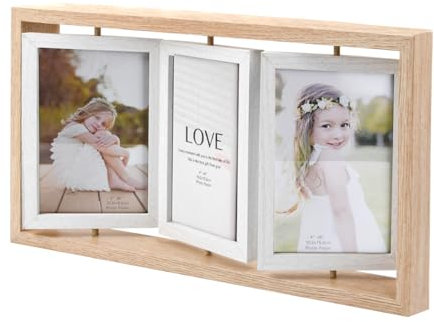Azonelife Rustikal Holz 3 Falten Fotorahmen, Schwebender Holz-Bilderrahmen Doppelseitigem Display Drehbar Bilderrahmen Mehrfach Collage Holz Modern Bilder für Fotorahmen, Fotocollage, 10,2x15,2cm