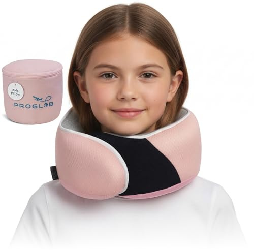Proglobe, Oreiller cervical ergonomique en mousse à mémoire de forme pour enfant pour voyage en avion, voiture, siège rehausseur, doux, lavable, compact, avec sangle, 4 à 13 ans, rose