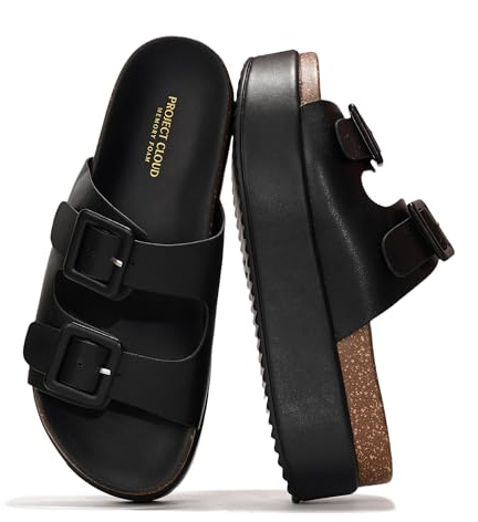 Project Cloud Platform Sandals Women - Plush & Soft Insole Wedge Slides for Women Footwear - Beach Essential Wedge Sandals for Women 2026 (Softy, BLK,7.5)