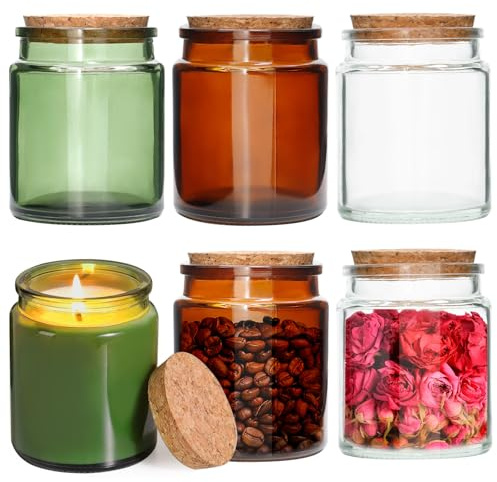 Acetiti 6 Tarro de Vidrio de Almacenamiento 200ml/7.04oz, Tarros de Cristal con Tapa de corcho, Botes Cocina de Almacenamiento para Especias, Azúcar, Café, Caramelos(Transparente, Ámbar, Verde)