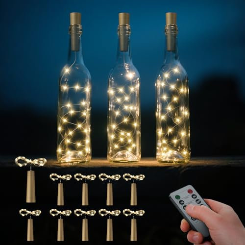 Ymenow Confezione da 10 luci a forma di bottiglia di vino con sughero, 20 LED, luce bianca calda, funzionamento a batteria, con telecomando, impermeabili, per esterni, con timer, fai da te, per camera