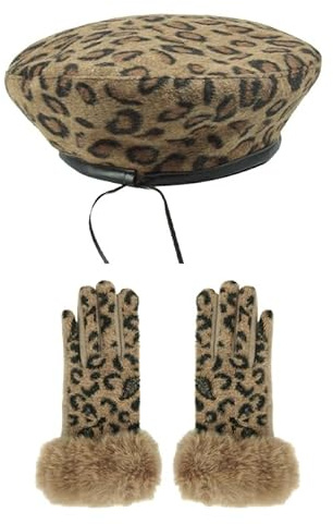 YOOCHUENG Gorro y Guantes para Mujer,Baret Leopardo de Invierno Moda para Damas,Gorro Marrón Guantes de Pelo Suave Cálidos para Mujeres