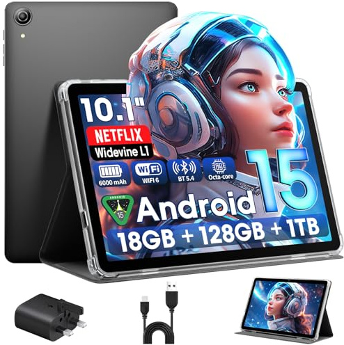 Raemond Android 15 Tablet 10 Inch with Case, 18GB RAM 128GB ROM, 1280 x 800 IPS HD Widevine L1, Octa-Core, 1TB Expandable, WiFi 6, BT5.4, Dual Camera 5MP+8MP, 6000mAh, GPS, Dual Speakers