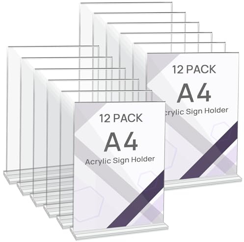 JEFURE Set di 12 Porta-poster in Acrilico A4, Cavalletto da Tavolo in Acrilico, Supporto a T per Documenti, Porta-menu, Presentatore per Ufficio, Negozio, Ristorante