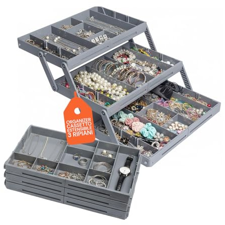 Avilia - Organizer Armadio Estensibile a 3 Livelli con Scomparti Modulari, Perfetto come Porta Gioielli, Organizer Trucchi e Accessori, Design Pieghevole Salvaspazio