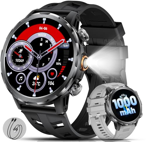 BENYAR Militare Smartwatch Uomo con 1000mAh/Torcia LED/Due Cavi,1,7 Orologio Smartwatch Fitness con Chiamate/IP68 Impermeabile/100+ Sportive/Cardiofrequenzimetro/Sonno/Notifiche Messaggi Android iOS