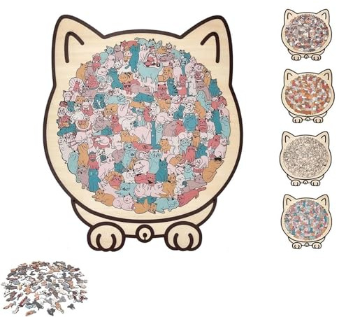 Puzzle en Bois Couleur Morandi de 135 pièces en Forme de Chat, encadré par d'adorables Silhouettes de Chats, décoration Unique en Forme d'animaux Mignons, avec Pattes de Chat (Style C)