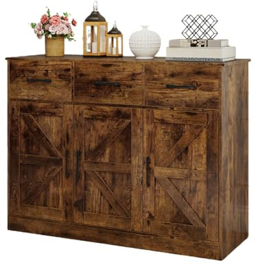 KOMFOTTEU Aparador de Cocina con 3 Cajones, Mueble Buffet con 3 Puertas y Estantes Ajustables, Armario Bajo con Kit Antivuelco para Comedor, Sala de Estar, 108 x 38 x 81 cm (Industrial)