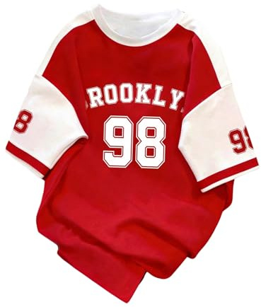OYOANGLE Men's Color Block Graphic Tees Letter Number Print Short Sleeve Tee Shirts Y2K Jersey Red and White X-Large
