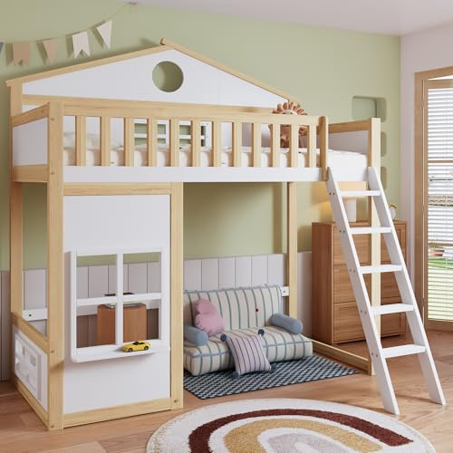Yihomfy Lit superposé pour Enfant, 90 x 200 cm, avec escalier, Grille de Protection Anti-Chute, Toit et fenêtres, sous lit Libre, en Bois Massif, pour Enfants, Adolescents (Blanc-16W, 90x200cm)