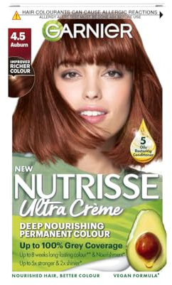 Garnier Nutrisse Ultra Crème Permanent Hair Dye, Up to 100% Grey Coverage, 8-weeks Long-Lasting Colour, No Ammonia, Vegan (Shade: 4.5 Auburn)