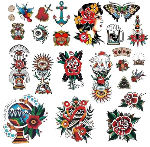 CARGEN Classic Temporary Tattoos - Old School Stickers in Different Sizes, Waterproof Vintage Designs: Flowers, Roses, Swallows, Butterflies, Swords