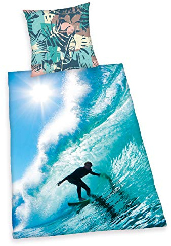 Herding Bettwäsche-Set, Surfer-Wendemotiv, Kopfkissenbezug 80 x 80 cm, Bettbezug 135 x 200 cm, Mit leichtläufigem Reißverschluss, Baumwolle/Renforcé, Blau