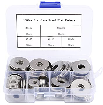 100 Pièces Rondelles Plates Penny 5 Tailles en Acier Inoxydable OD M4, M5, M6, M8, M10 Rondelle de Réparation Plate Rondelles Rondes Chromées Unies pour Vis et Boulons