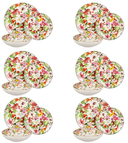 ARCA, Set 18 Piatti Coordinati Spring in Porcellana e Ceramica Decorata, Servizio per 6 Persone, con Piatti Fondi, Piani e da Dessert
