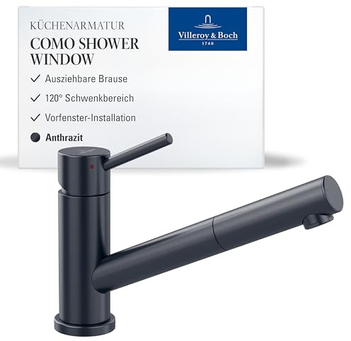 Villeroy & Boch Como Shower Window robinetterie de cuisine haute pression avec douchette extractible et orientable à 120°, installation possible devant une fenêtre, hauteur du bec 120 mm, Anthracite
