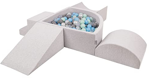 KiddyMoon Spielplatz Aus Schaumstoff Mit Viertel Eckig Bällebad (300 Bälle) Hindernisläufe, Hellgrau:Perle/Grau/Transparent/Babyblue/Minze