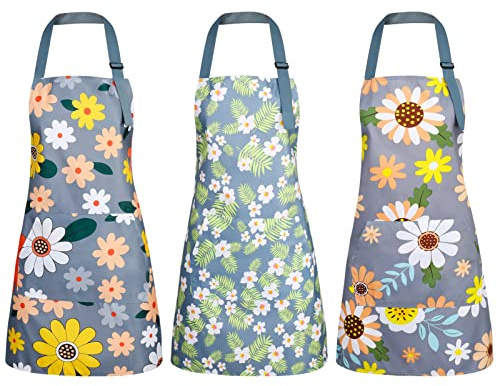 BOUMUSOE 3 Pack Floral Aprons with Pocket, Blooming Womens Aprons Waterproof Adjustable Cooking Aprons for Kitchen Gardening and Salon