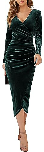 Yutdeng Robe Femme Hiver Longue Robe Velours Col en V Robe Élégante Manches Longues Robe de Soiree Vintage Dress Chic Bal Robe de Cocktail en Velours Chaud Robe Sexy pour Fête