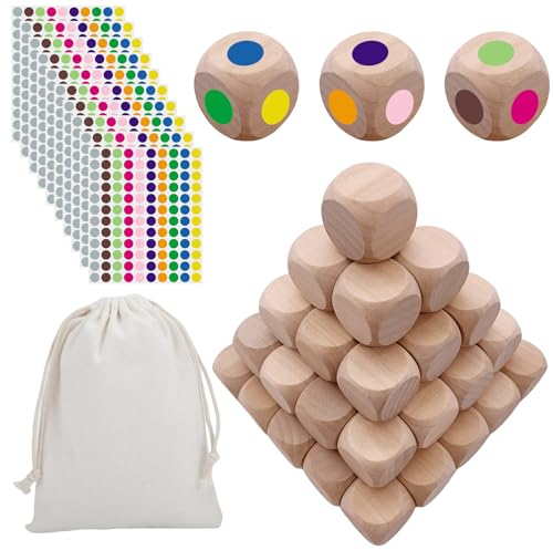 60 Stück Holzwürfel Blanko: 20 mm Würfel, DIY Blankowürfel, Unlackiertes Holzwürfel, Runden Ecken Holzwürfel mit Kordelzug Farbe Punktaufkleber, Würfel für DIY Dekorationen/Brettspiele