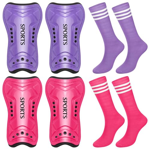 Chuarry 2 Set Soccer Shin Guards for Girls with Socks Toddler Shin Pads Football Kids Sport Protection Lightweight Gear Leg Protection for 3-15 Girls Boys Children Teens(S,Purple, Rose Red)