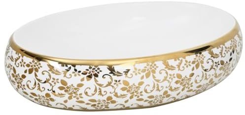 vidaXL Lavabo sobre Encimera Ovalado, Lavamanos de Tocador, Lavabo de Fregadero, Lavamanos sobre Encimera para Baño Aseo, Cerámica Blanco Dorado