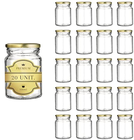 Espirito Rebelde Lot de 20 Pots en Verre Vides avec Couvercle Doré de 100 ml - Pots pour confitures, Bocaux pour Conserves, Miel, Yaourt, Marriage