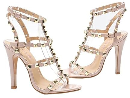 Gizelle® Womens High Heel Sandals Studded Rivet Buckle Ankle Strappy Stiletto Shoes – Ladies Open Toe Office Party Heeled Sandal Nude Patent, 5