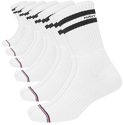 NAVYSPORT Herrstrumpor multifunktion sport crew längd avancerad serie extra hållbara vadderade strumpor, paket med 3, Vit (6 par), 43-45 EU