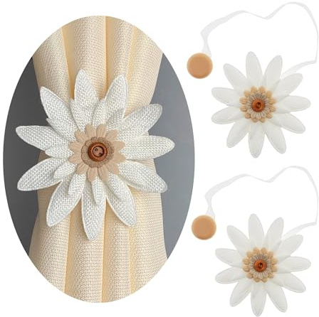 GIRASOLE HOME Fermatenda in Stoffa a Forma di Fiore 11 Petali con Magneti 2 Pezzi, Bianco