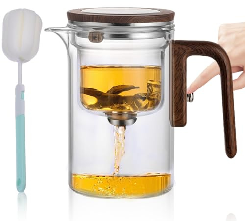 YANGUN Water Separation Glass Teapot with Wooden Handle, Enchantipot Magic Tea Pot with Sponge Brush, Witchcraft Teapot Cup, Press Control Magic Tea Pot for Brewing, Filtering(Transparent)