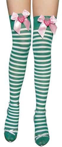 Muzrunq Calcetines a rayas de nylon calles rayados con calcetines con lazo de fresa verde y blanca sobre medias de rodilla para Navidad, cosplay y fiestas