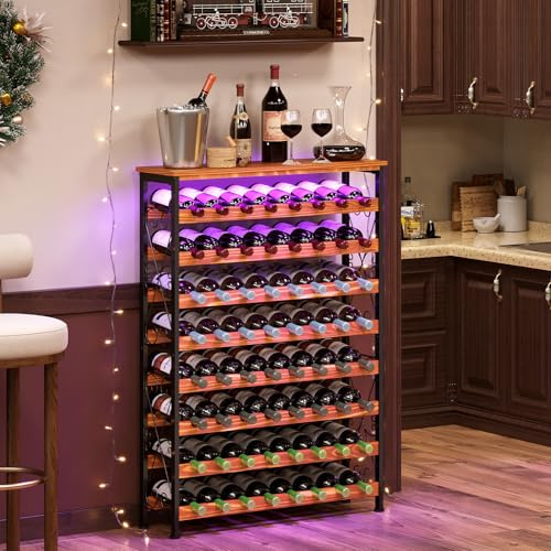 64 Bottles Wine Rack Freestanding Floor with 2 in 1 LED Light, Wine Bottle Rack Wine Holder Wine Storage Shelf for Kitchen Bar Pantry, Tall Wine Cabinet Stand Display 31.85''L X 10.6''W X 47.95''H