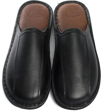 Rimo-Genuine Touch Pantoufles en cuir pour homme – Pantoufles en cuir faites à la main avec semelle antidérapante, confortables et robustes, tailles 41-47, Noir , 46 EU