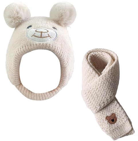 1 stickad mössa för barn, 1 stickad halsduk, vinter förtjockad varm hatt, söt hatt, kallbeständig halsduk, varm utomhusoverall