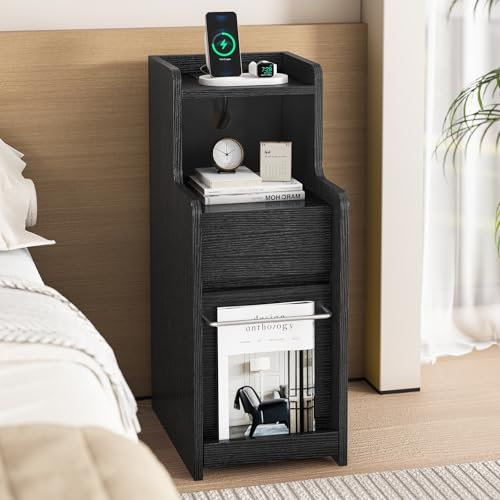 AOGLLATI Table de Chevet Moderne avec Multiprise, Table de Nuit Bois avec 2 Compartiments Ouverts, 2 Tiroirs et Porte-Magazine,34×65×25 cm, Chevet de Lit Noir (1, Noir)