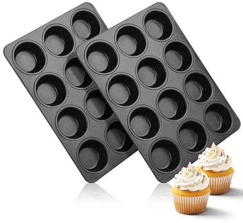 Herogo Nonstick Muffin Pan Tin 12 Cups Set of 2, Metal Nonstick Cupcake Tray Set for Making Egg Muffin Quiches, Mini Brownie, Easy to Clean & Quick Release, Oven & Dishwasher Safe, Black