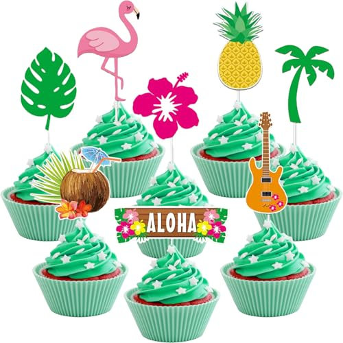 Flamant Cupcake Topper, 24 Pcs Tropical Decoration Gateau, Feuille, Ananas, Fleurs Decoration Gateau, Cupcake Topper pour Anniversaire, Fête Été
