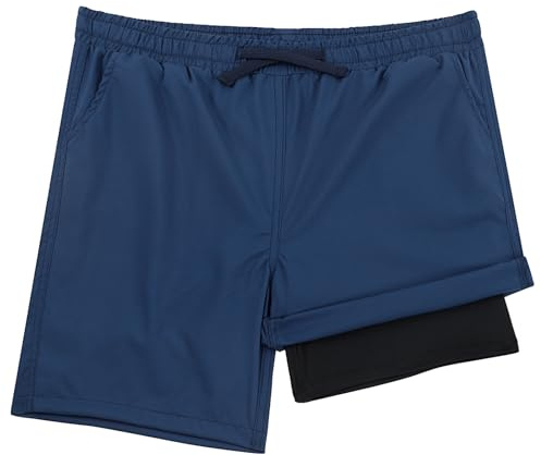 LACOFIA 2 delar 2-i-1 babybadshorts med kompressionsfoder boxershorts pooldräkt strand pojkar med elastisk midja snabbtorkande 2–14 år, A-marinblå, 5-6 �r