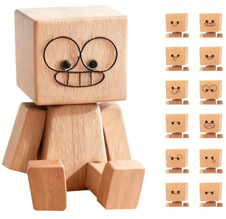 Swiftctrl Hombre de Madera Tambaleante Robot de Madera con 12 Expresiones Faciales Intercambiables - Figura Tambaleante para Coche, Escritorio y Estantería - Divertida Figura Tambaleante Decorativa
