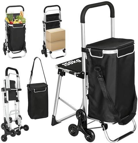 HOMCOM Carrello Spesa con Sedile Pieghevole, Carrellino Spesa con Ruote e Borsa da 40L Impermeabile, Manico Regolabile, Trolley Spesa in Alluminio e Tessuto Oxford, 46x59.5x97 cm, Nero