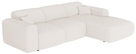 Vente-unique - Grand canapé d'angle Droit Convertible en Tissu Bouclette Blanc POGNI de Maison Céphy