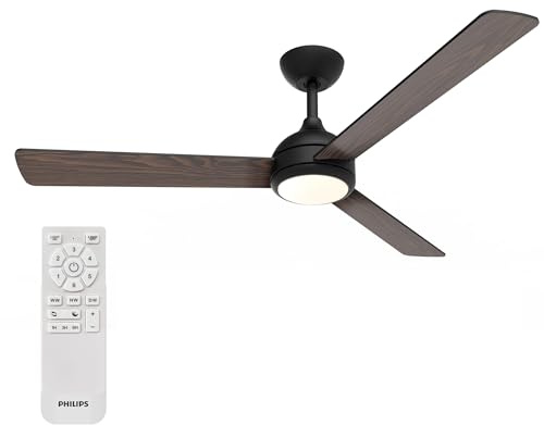 Philips Civx Lámpara de Techo con Ventilador LED, 3 aspas, Diámetro 132 Cm, 2500 Lúmenes, Luz Blanca Tres Tonos (3000 K/4500 K/6500 K), Regulable al 10%, Mando a Distancia, Negro/Madera oscura