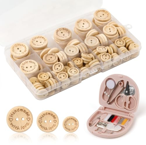 150 pcs Boutons en Bois et Kit de Couture